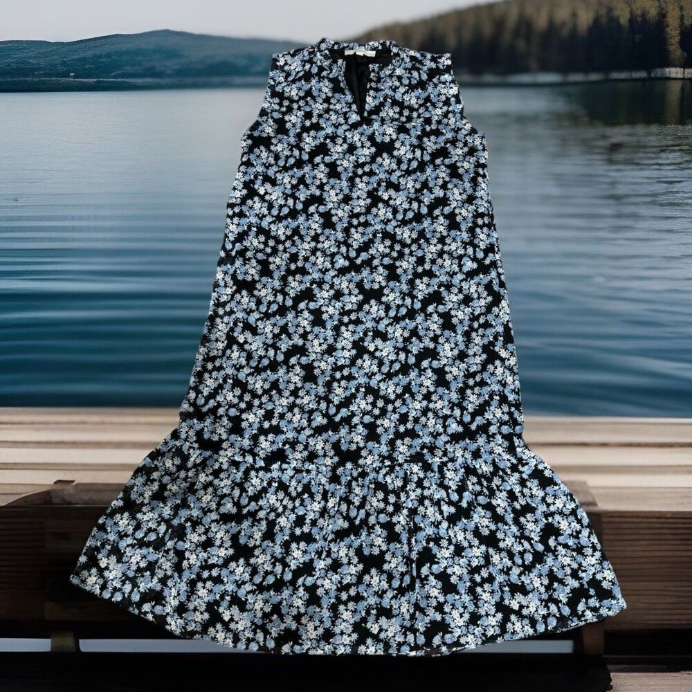 Chic Loft SzM Floral Print Preppy Chiffon Ruffle Sleeves Maxi Dress Cottage Core